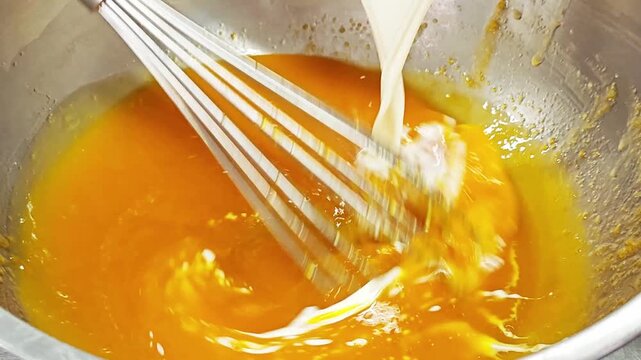 Pouring coconut milk into egg yolks with a metal whisk blurring.