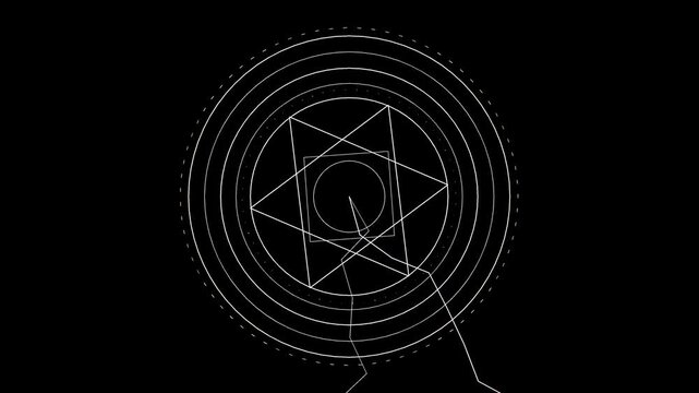 White animated line alchemy symbol with energy strikes on black background