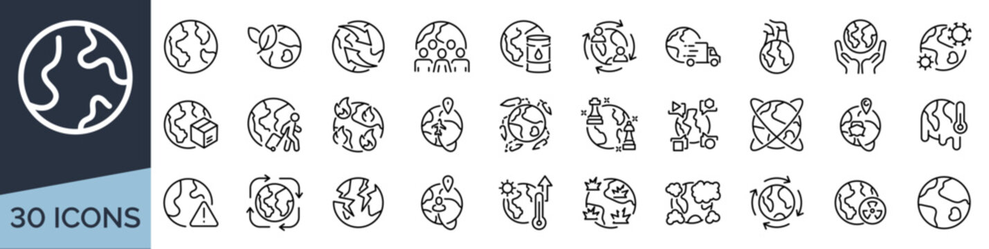 Set of 30 outline icons related to globe. Linear icon collection. Editable stroke. Vector illustration