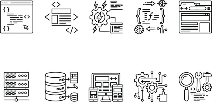 WeSet of software development and programming icons representing coding web design database management and technical support processesb