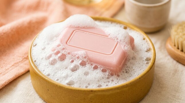 Pastel pink soap bar embedded in airy white foam inside a mustard-yellow dish, playful hygiene product photography, peach, cream and golden palette, soft studio lighting, rounded bubbles, blank