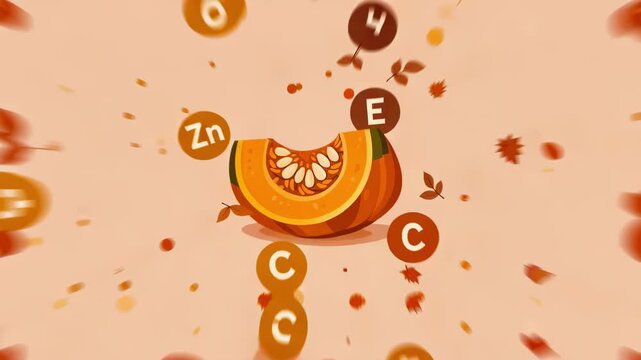 Autumn pumpkin slice with seeds surrounded by floating vitamin and mineral icons (c, e, zn) and falling leaves health and seasonal concept