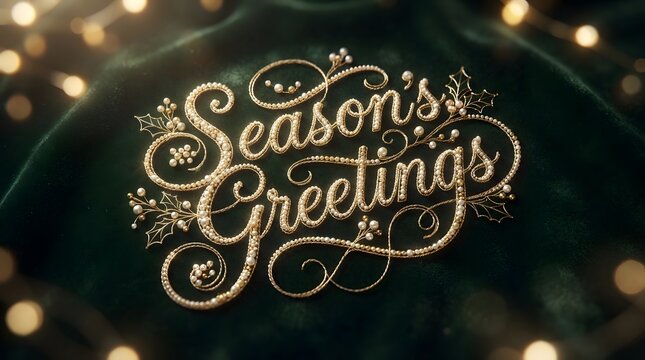 Seasons greetings gold wire and pearl calligraphy on a dark green velvet background