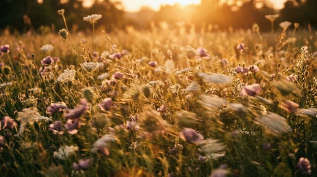 Wildflowers swaying through strong golden backlight, intentionally blurred stems and petals creating painterly streaks, amber, cream, olive and muted mauve palette, poetic experimental photography,
