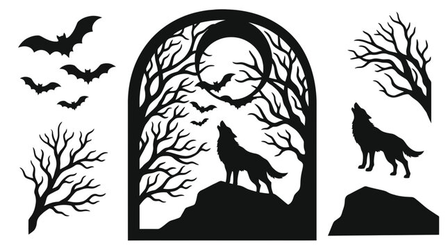 Halloween Shadowbox Paper Cutout Design with Howling Wolf and Moon Silhouettes