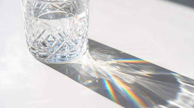Sunlight shining through glass of water creating rainbow prism effects. Generative AI