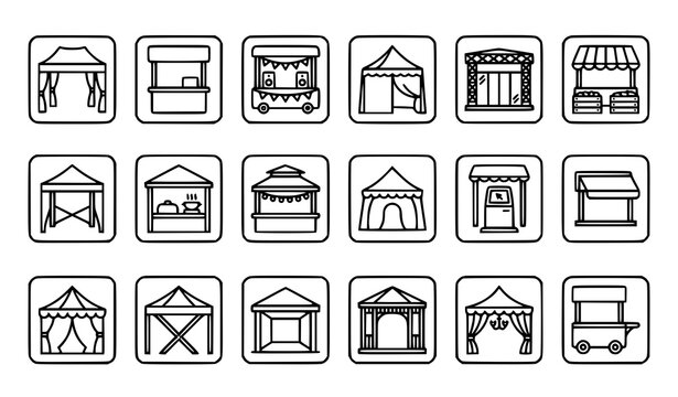 Trade show canopy mobile party booth and event tent 64x64 editable stroke vector icons