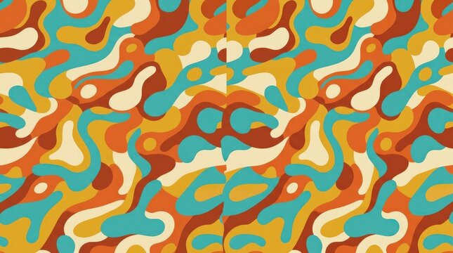 Retro organic camouflage pattern with flowing blobs of turquoise mustard orange cream and rust, flat vector illustration, rounded interlocking forms, warm mid-century palette, playful textile