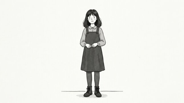 Girl standing front-facing in a charcoal pinafore dress over a gray blouse, simple hand-drawn character illustration on white, muted grayscale palette, clean outlines, modest styling, centered
