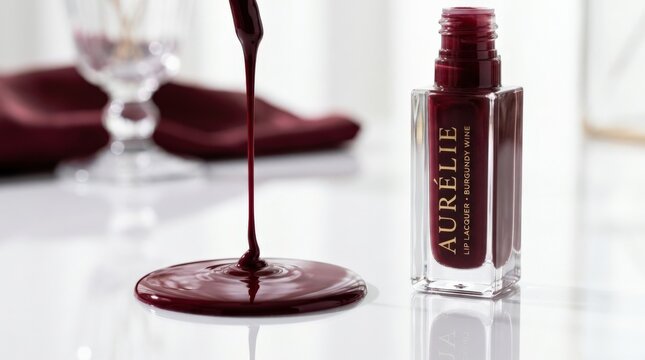 Clear rectangular lip product bottle filled with deep burgundy gloss, thick red liquid dripping into a rounded puddle, premium beauty photography, white reflective surface, wine-red and transparent