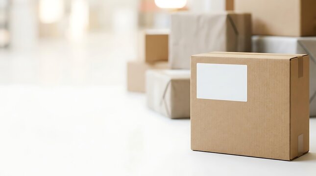 Cardboard box with blank white label for e-commerce shipping, stack of cardboard box in logistics background, cardboard box for delivery and moving service mockup
