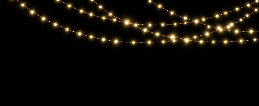 Bokeh glowing golden garland with draped light strings and luminous bulbs, on transparent background