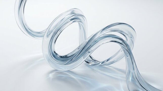 Transparent glass ribbon twisting through a white background, premium CGI abstraction, fluid crystal material, icy blue-gray reflections, soft caustics, elegant weightless form, clean futuristic