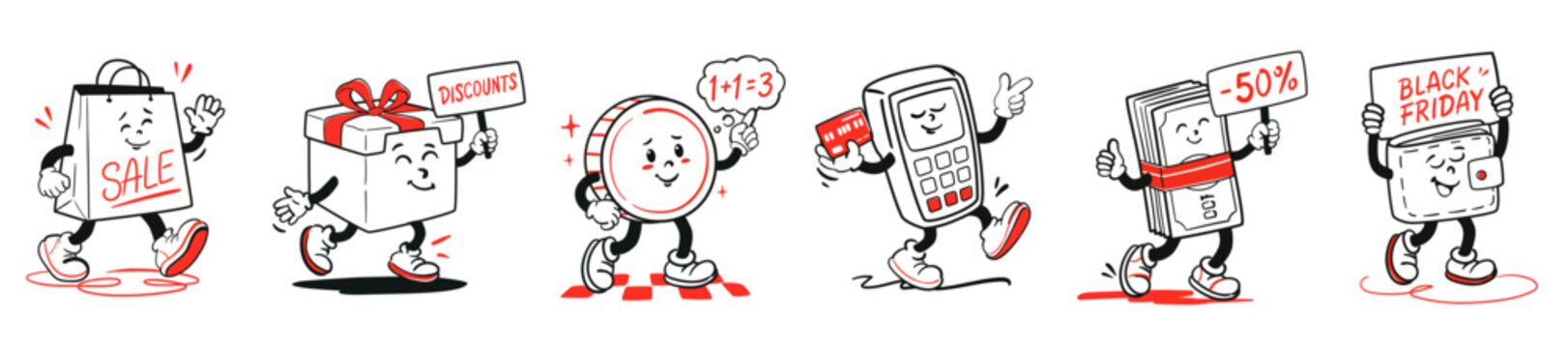 Black Friday retro mascot set with cartoon groovy characters. Collection stickers with funny walking shopping bag, gift box with discount offer, coin, pos terminal, money, wallet. Vector illustration.