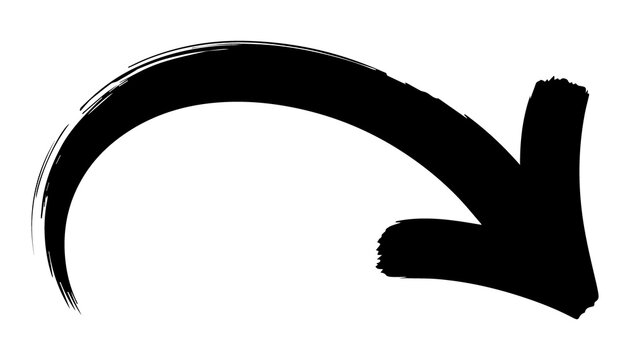 Hand drawn brush stroke curved arrow pointing down and right, symbol of direction and navigation, isolated on white background.