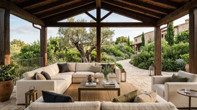Elegant covered terrace furnished with cream lounge seating beneath a dark timber roof, luxury hospitality architectural photography, mature sculptural tree and lush greenery outside, warm natural