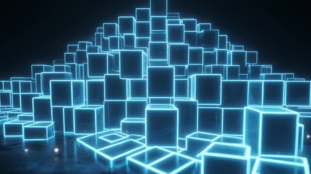 Abstract modular glowing blue data blocks assembling into a structure for cloud computing concept