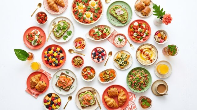 Overhead arrangement of small plates and bowls filled with colorful foods, clean food illustration on white, coral-red, tomato, green and cream ingredients, circular repeating layout, playful brunch