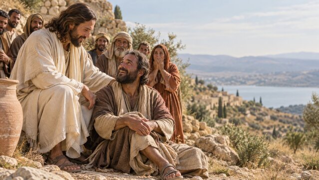 Jesus healing a seated man among followers on a rocky hillside. Biblical healing and compassion. Christian faith, gospel story and spiritual care. Religious historical reenactment