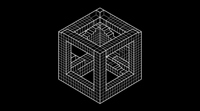 Optical illusion cube in a wireframe grid on a black background, an impossible geometric shape