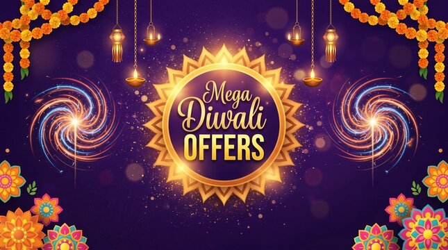 Mega Diwali Offers Promotional Banner with Luxury Golden Badge and Sparklers