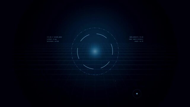 Futuristic blue HUD interface with glowing orb, rotating dashed circle reticle, data readouts and perspective grid on dark background