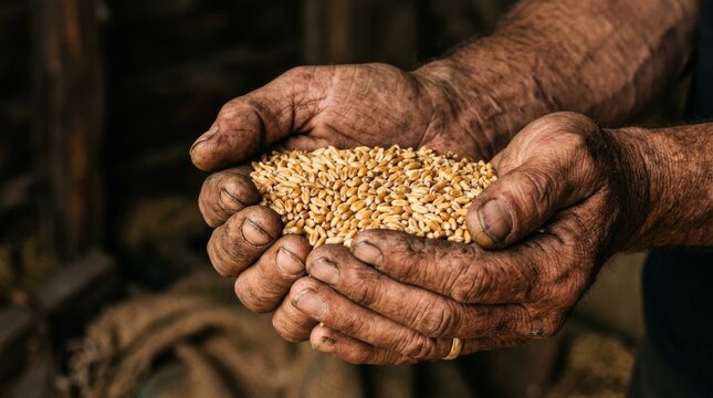 Two weathered hands cupping a pile of golden grain or seeds, close-up documentary photography, dark soft background, earthy skin texture, warm highlights and strong agriculture, harvest and