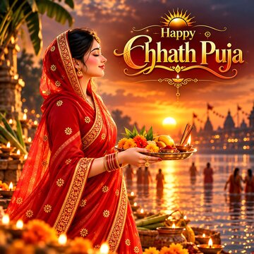 Happy Chhath Puja Festival Celebration with Woman Offering Traditional Arghya at Sunset