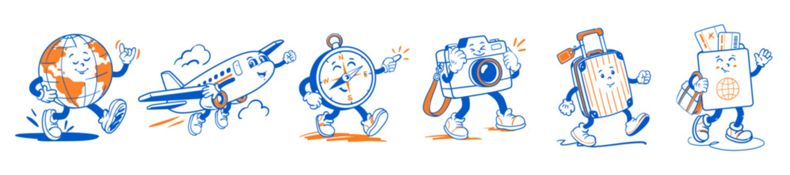 Travel retro mascot set with cartoon groovy characters. Collection stickers with funny walking Earth globe, airplane, compass, photo camera, luggage suitcase, passport and ticket. Vector illustration.