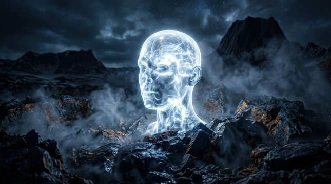 Glowing translucent human head or bust emerging from a dark rocky landscape, surreal premium CGI, bright white-blue internal light, smoky atmosphere, deep navy and rust terrain, consciousness, AI,