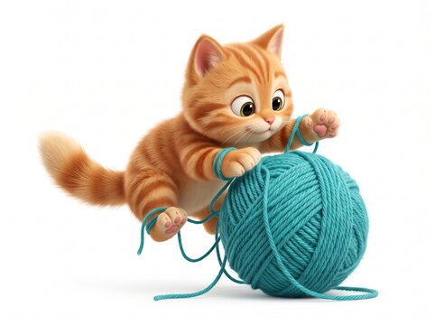 Ginger tabby kitten pouncing on a big blue ball of yarn