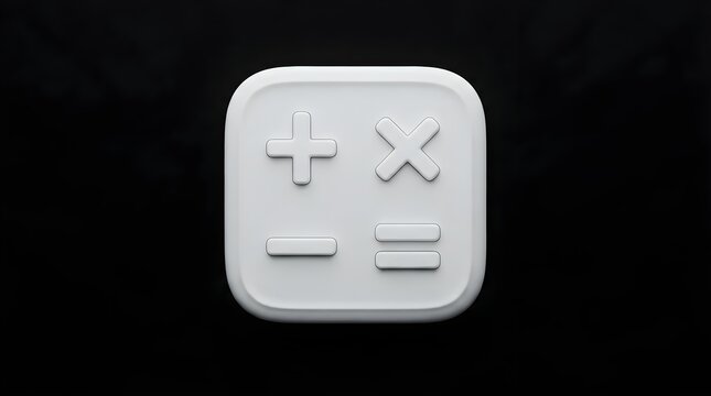 Minimalist 3D white calculator icon with embossed math symbols plus minus multiply and equals on a dark sleek background for mobile application