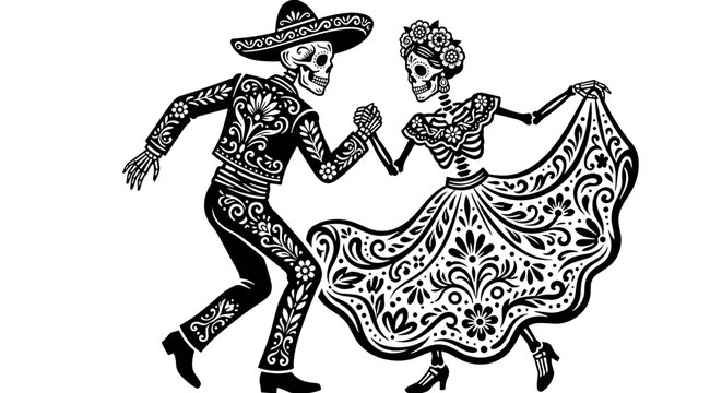 Dia de los Muertos dancing skeletons vector, Mexican Catrina and Mariachi couple, Day of the Dead skeleton dancers silhouette on Transparent Background