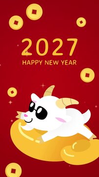Chinese goat on big golden sycee ingot cny vertical animation. New Year 2027 greetings animation.