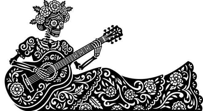 Dia de los Muertos female skeleton playing guitar, Mexican Catrina musician vector, Day of the Dead acoustic guitar player silhouette
