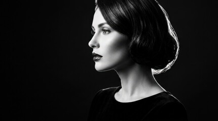 Elegant woman shown in sharp black-and-white side profile against a deep black background, fine-art beauty photography, sculpted cheekbone and glossy lips, dramatic rim lighting, high contrast,