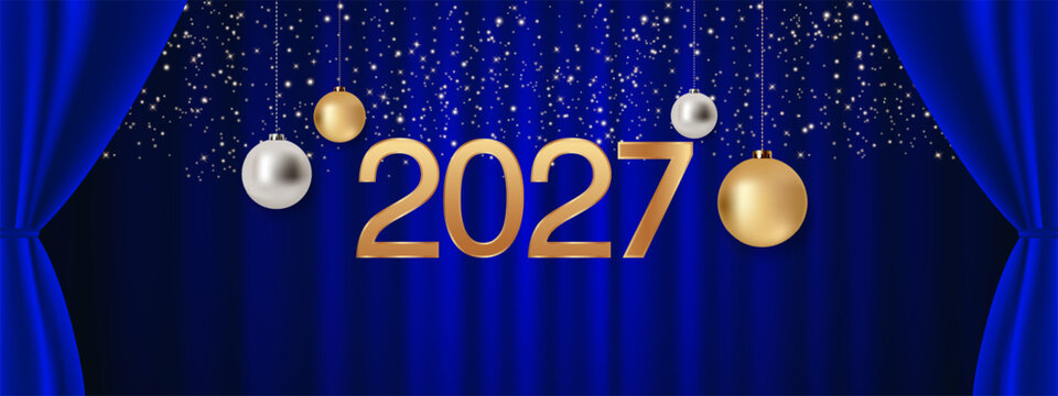 Luxurious 2027 New Year banner with gold numbers, hanging ornaments, sparkling lights and blue velvet curtains on a dark festive background