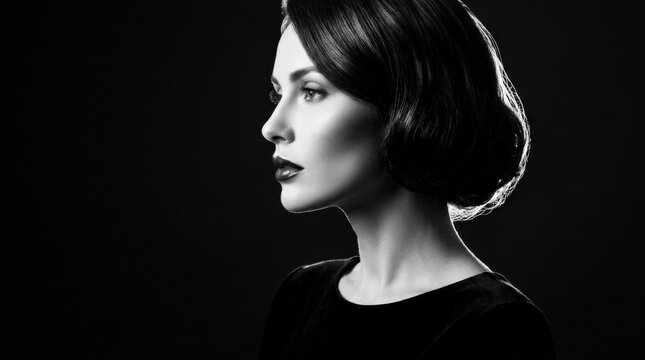 Elegant woman shown in sharp black-and-white side profile against a deep black background, fine-art beauty photography, sculpted cheekbone and glossy lips, dramatic rim lighting, high contrast,