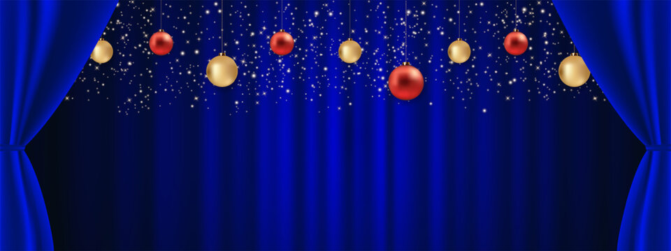 Festive Christmas background with hanging red and gold ornaments, sparkling lights and blue velvet curtains framing a spacious copy area