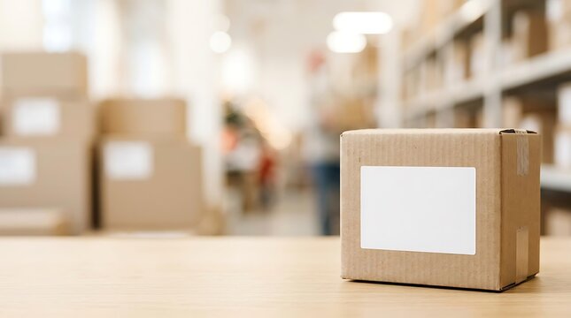 Cardboard shipping box with blank white label for mockup on wooden table in warehouse, professional shipping box for e-commerce delivery and logistics, brown shipping box background.