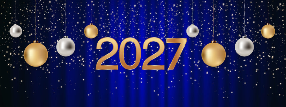 Festive 2027 New Year background with golden and silver hanging ornaments, glowing sparkles and elegant numbers on luxurious blue satin