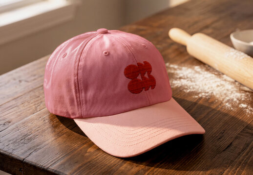 Baseball Cap on Wooden Bakery Table Mockup
