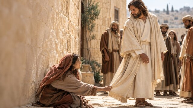 Jesus and a kneeling woman reaching to touch his robe in a stone street. Healing of the woman with an issue of blood. Biblical gospel story. Christian faith, compassion and hope.