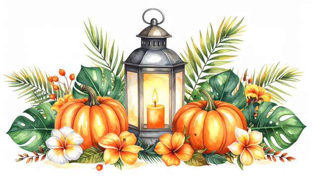 Vintage Halloween lantern surrounded by pumpkins, hand painted watercolor art for seasonal decor.