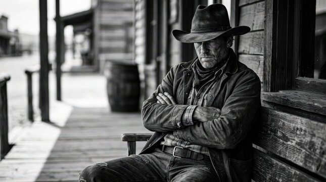 Brooding cowboy seated with arms crossed beneath a wide-brim hat, high-contrast black-and-white portrait photography, strong shadow across face, classic western clothing and cinematic masculine