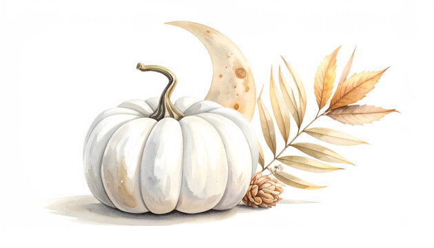 Minimalist watercolor Halloween scene with a white pumpkin and tropical botanical accents.