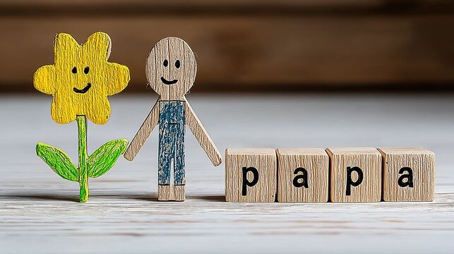 Child crayon yellow flower and wooden letter tiles spelling papa on white paper asset, for Father's Day greeting cards posters social media parenting education and craft themed design.