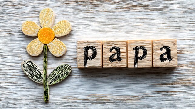 Wooden letter tiles spelling papa with subscript p3 a1 p3 a1 aligned in a row on white paper surface, child crayon yellow flower green leaves, 