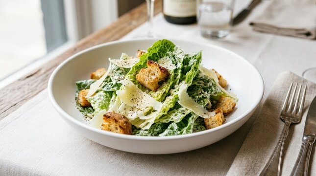 Classic Caesar salad served in a wide white ceramic bowl, crisp romaine lettuce, golden toasted croutons, shaved parmesan and creamy dressing sprinkled with black pepper, premium commercial food