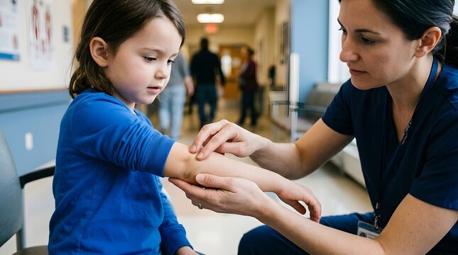 A compassionate healthcare worker provides gentle medical attention to a young patient s arm within the bustling environment of a hospital corridor